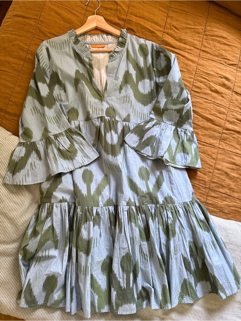 Oliphant Tiered Mini Dress in Blue/Green Ikat Pattern